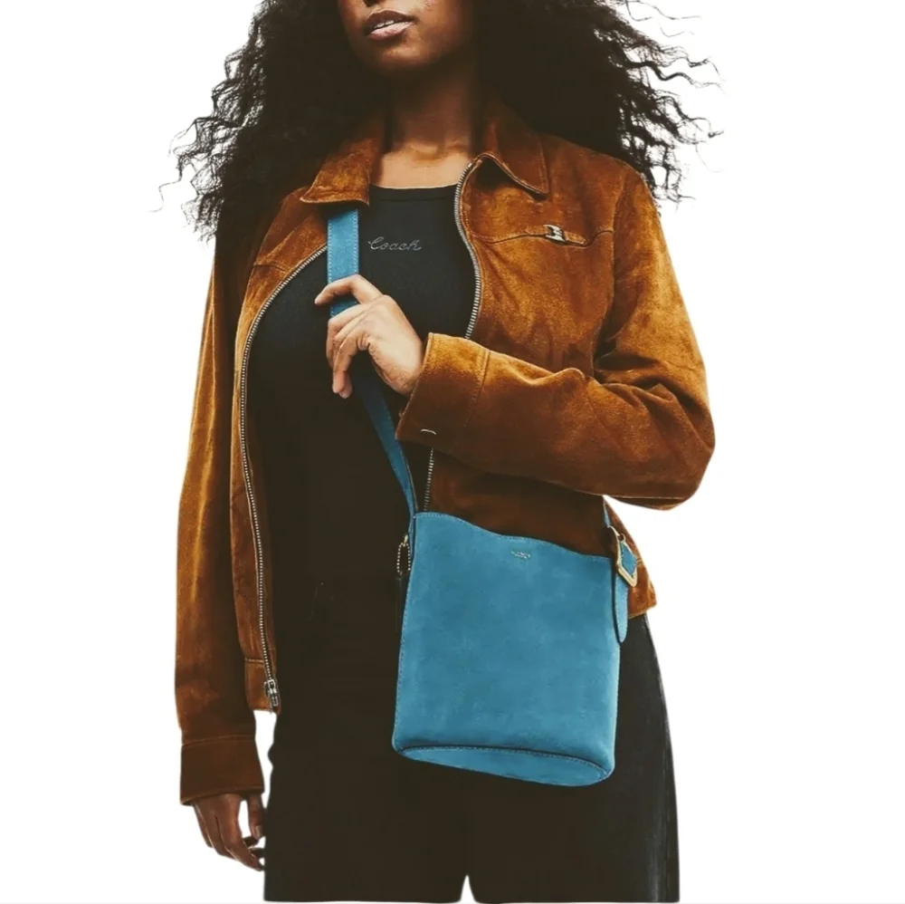 Coach Bleecker Bucket Bag 21 Sea Blue Suede Crossbody Purse Pouch